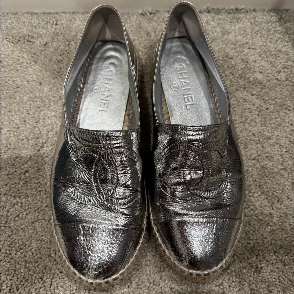 CHANEL Metallic Silver Espadrilles
